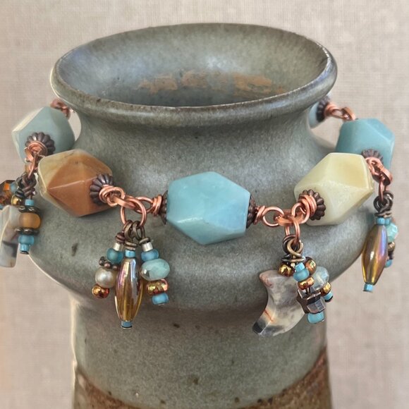 Gemstone Dangle Bracelet, Amazonite, Beaded Bracelet, Chunky Boho - Picture 4 of 7